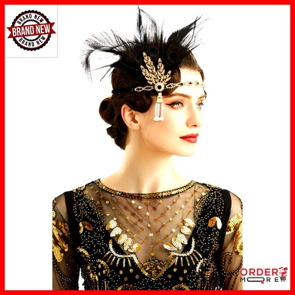 1920s Flapper Peacock Feather Headband with Rhinestones and Pearls main image 5